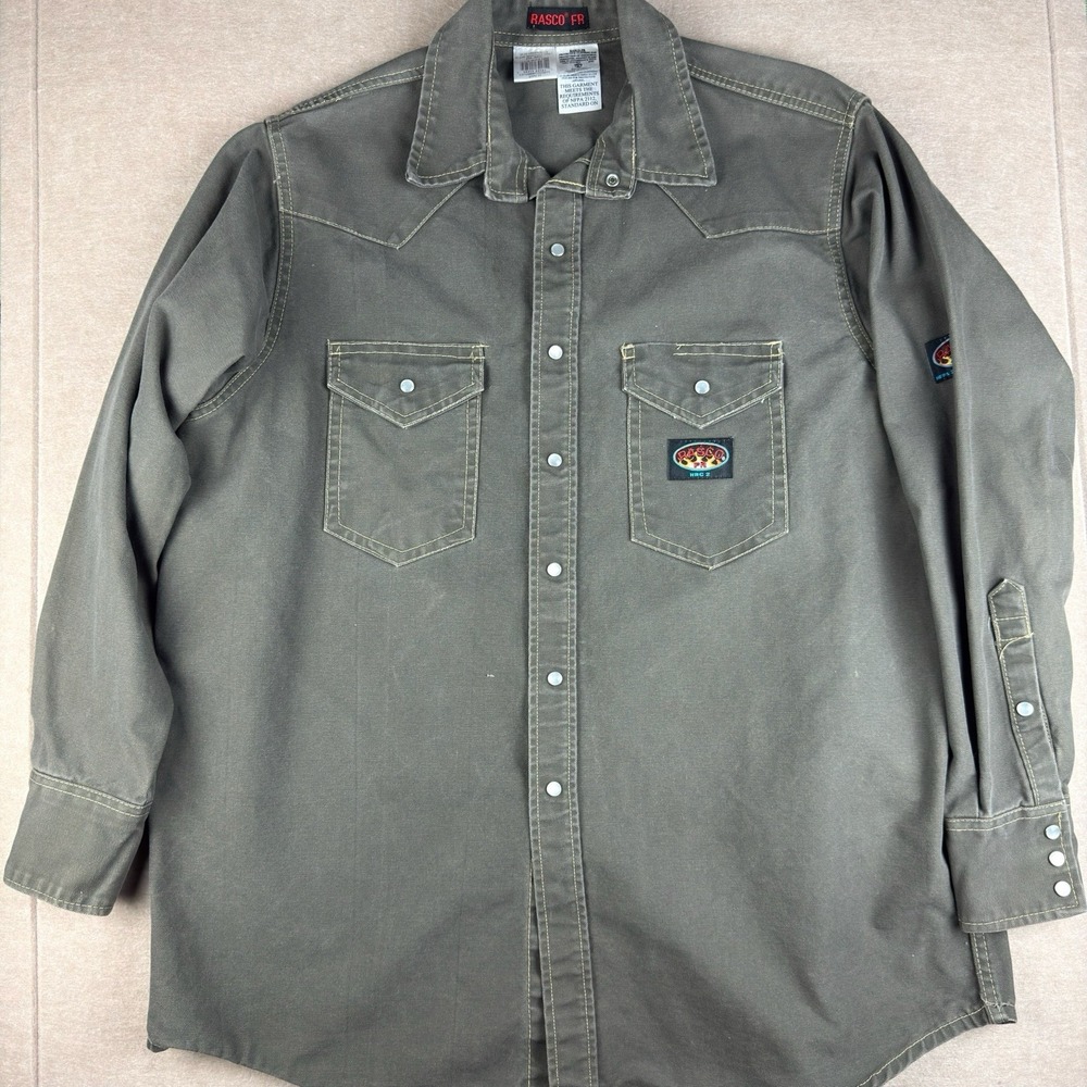 Rasco FR Shirt Men 2XL Green Duck Flame Resistant HRC2 Snap Work Western